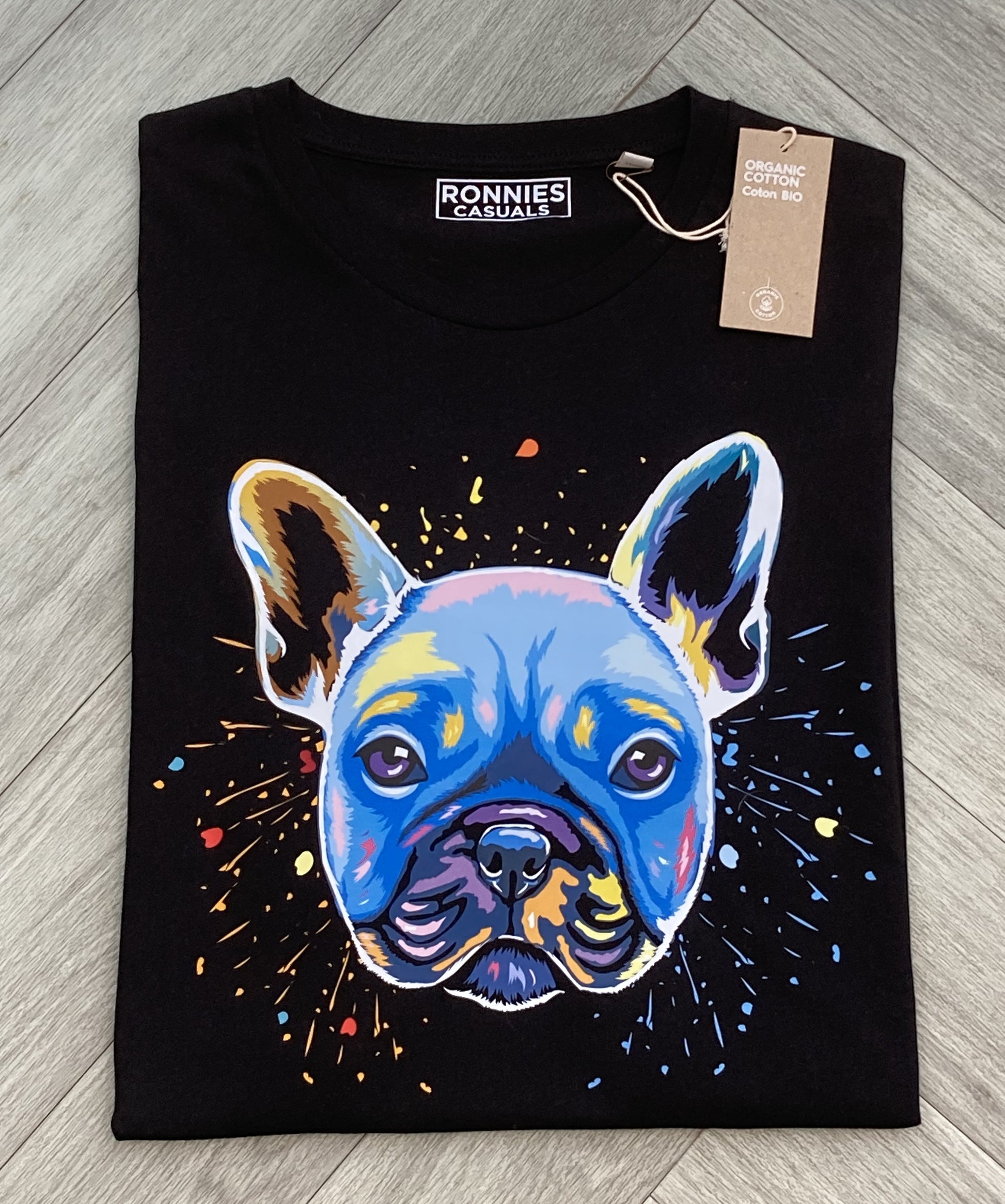 Black t-shirt printed on the front with a colourful French Bulldog dog head