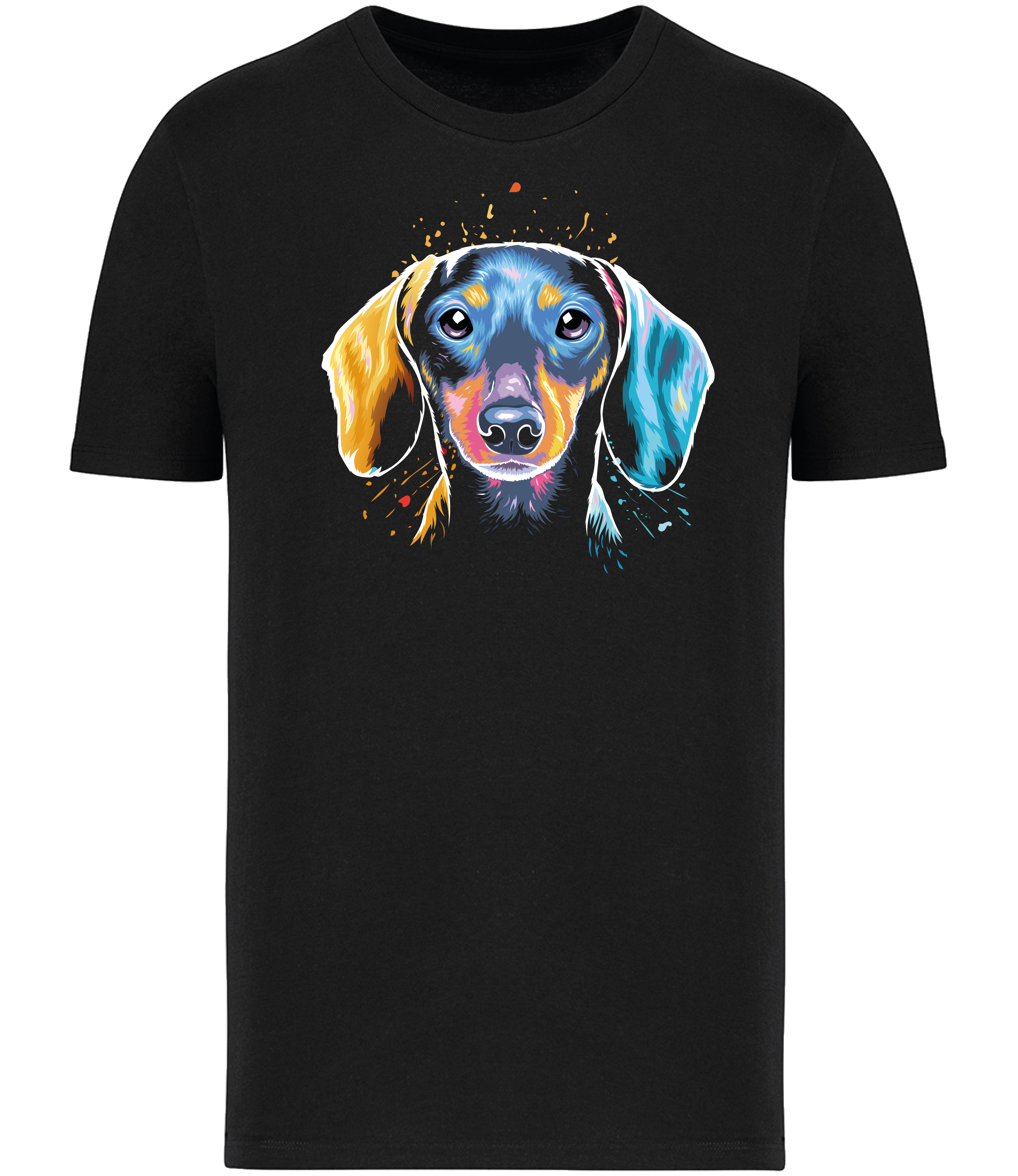 Colourful Dachshund dog face in bright colours, printed onto the front of a black t-shirt