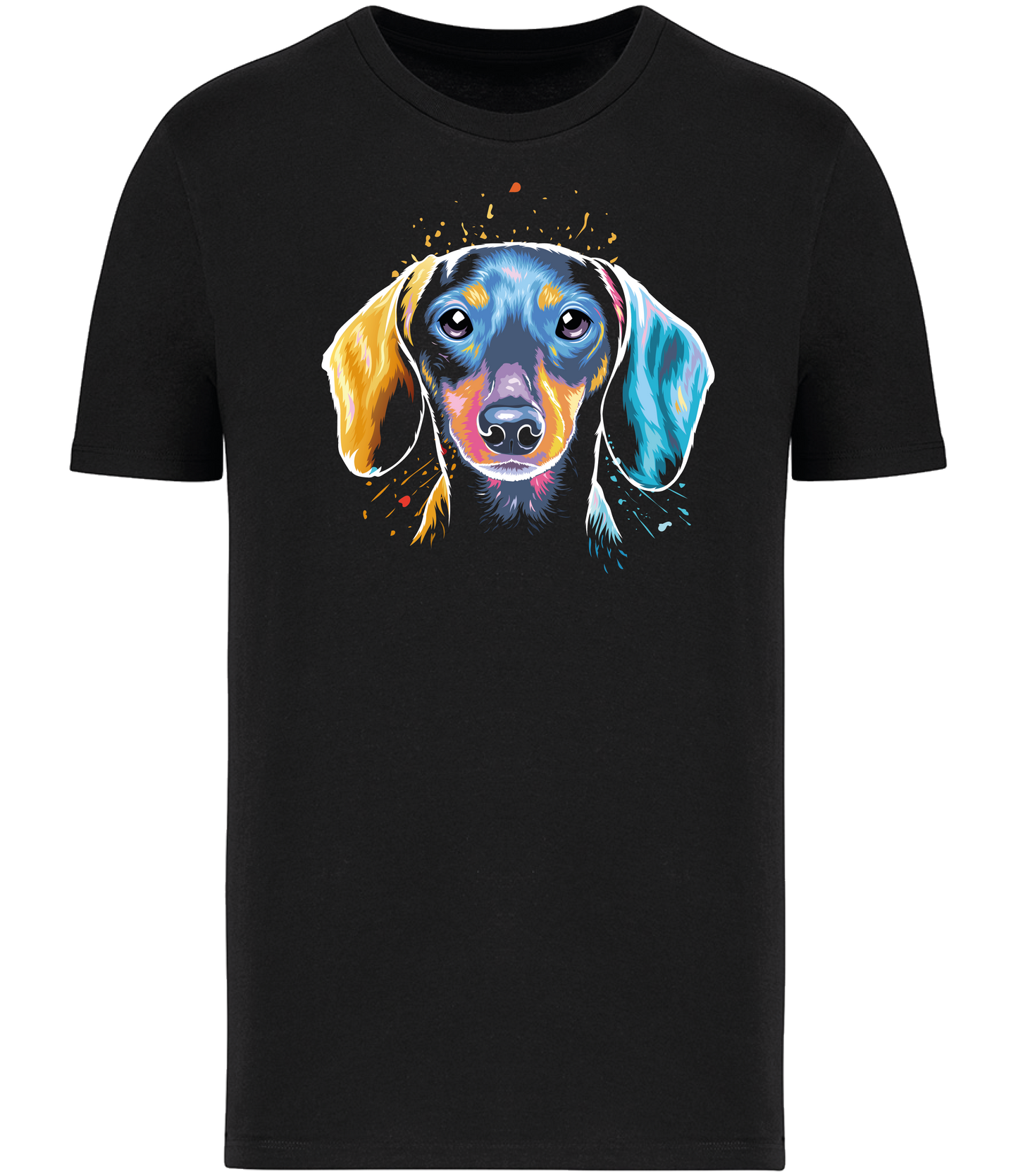 Colourful Dachshund dog face in bright colours, printed onto the front of a black t-shirt