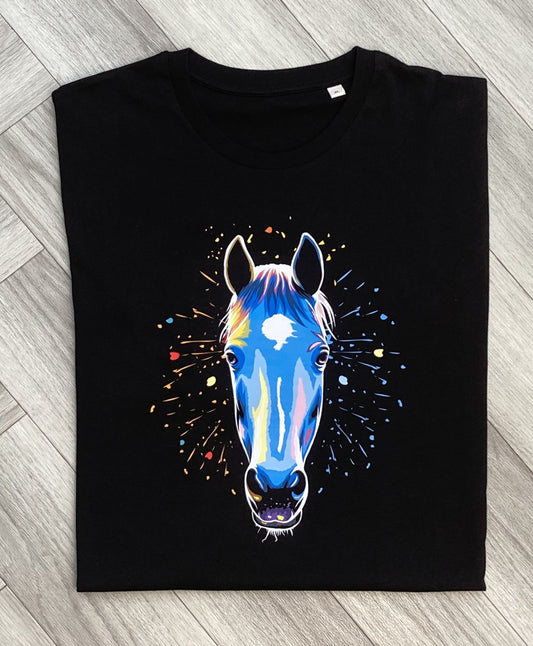 Black T-shirt printed with a brightly coloured Horse face with splashes of colour around it