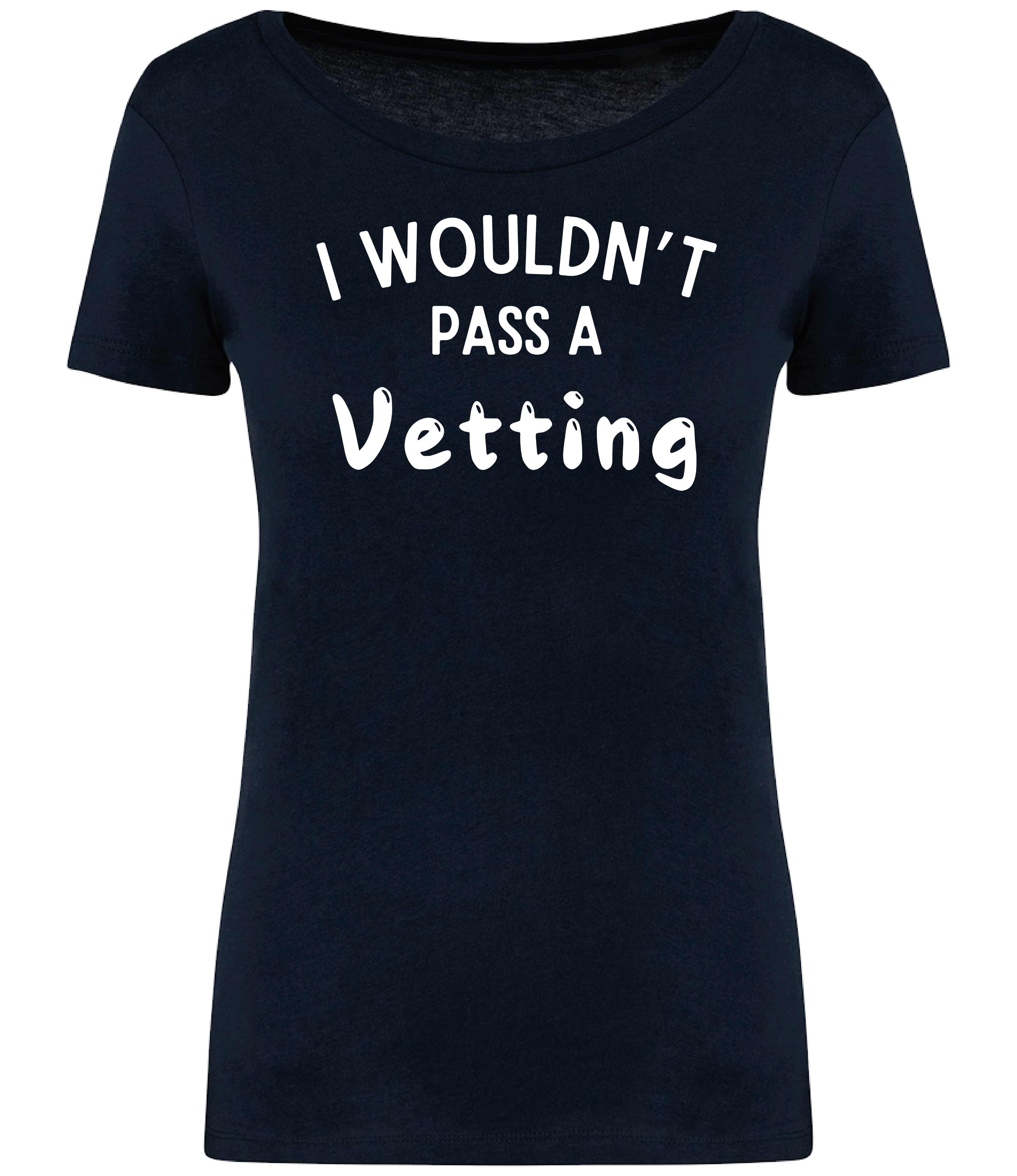 Blue ladies fit T-shirt with the text 'I WOULDN'T PASS A VETTING' printed in bold lettering on the front, displayed on a mannequin.
