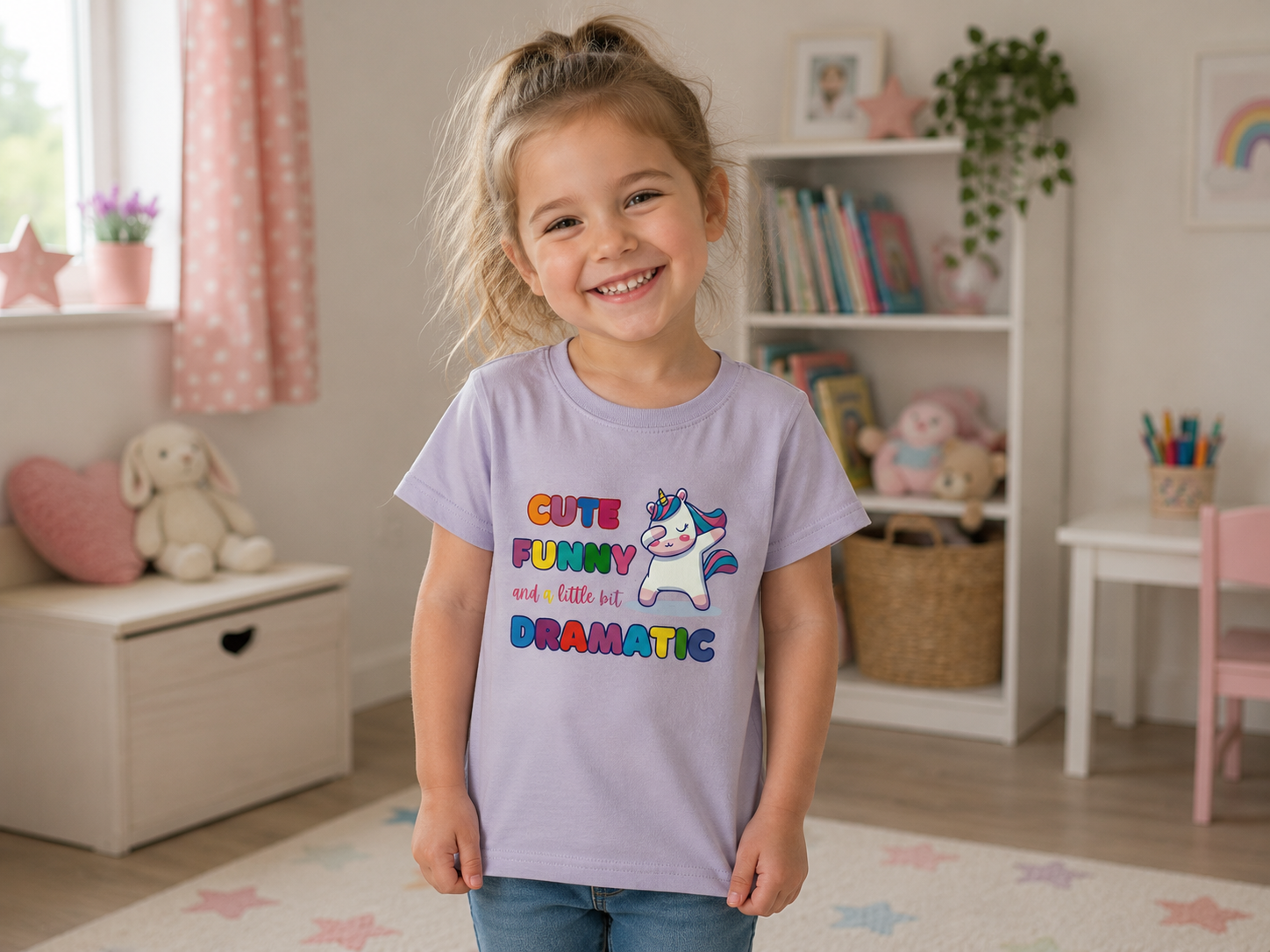 A young girl with blonde hair in a ponytail stands smiling in a child's bedroom, wearing a light purple t-shirt with a colorful cartoon unicorn graphic and the text 'CUTE FUNNY and a little bit DRAMATIC'.