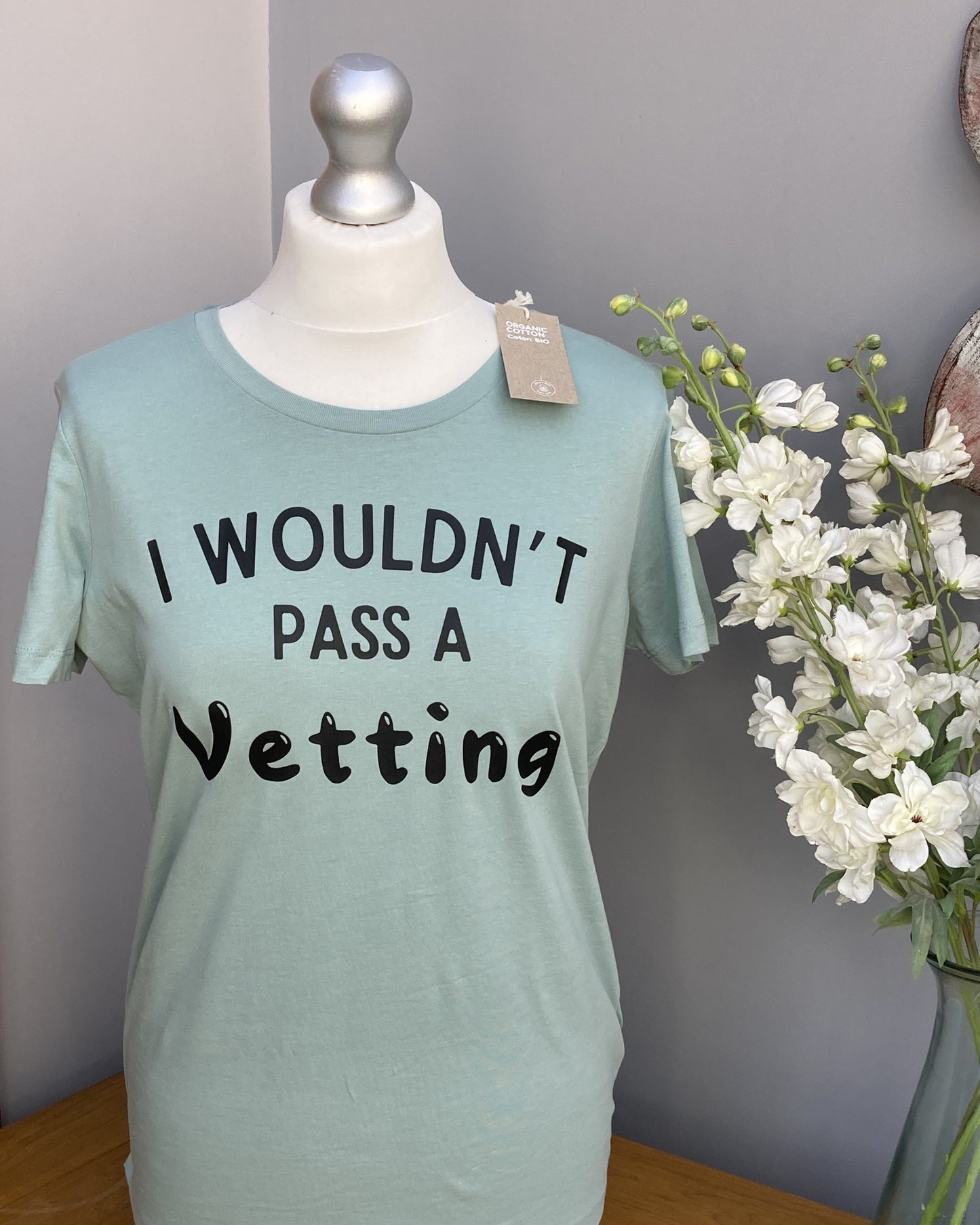 A green ladies fit T-shirt with the text 'I WOULDN'T PASS A VETTING' printed in bold lettering on the front, displayed on a mannequin.