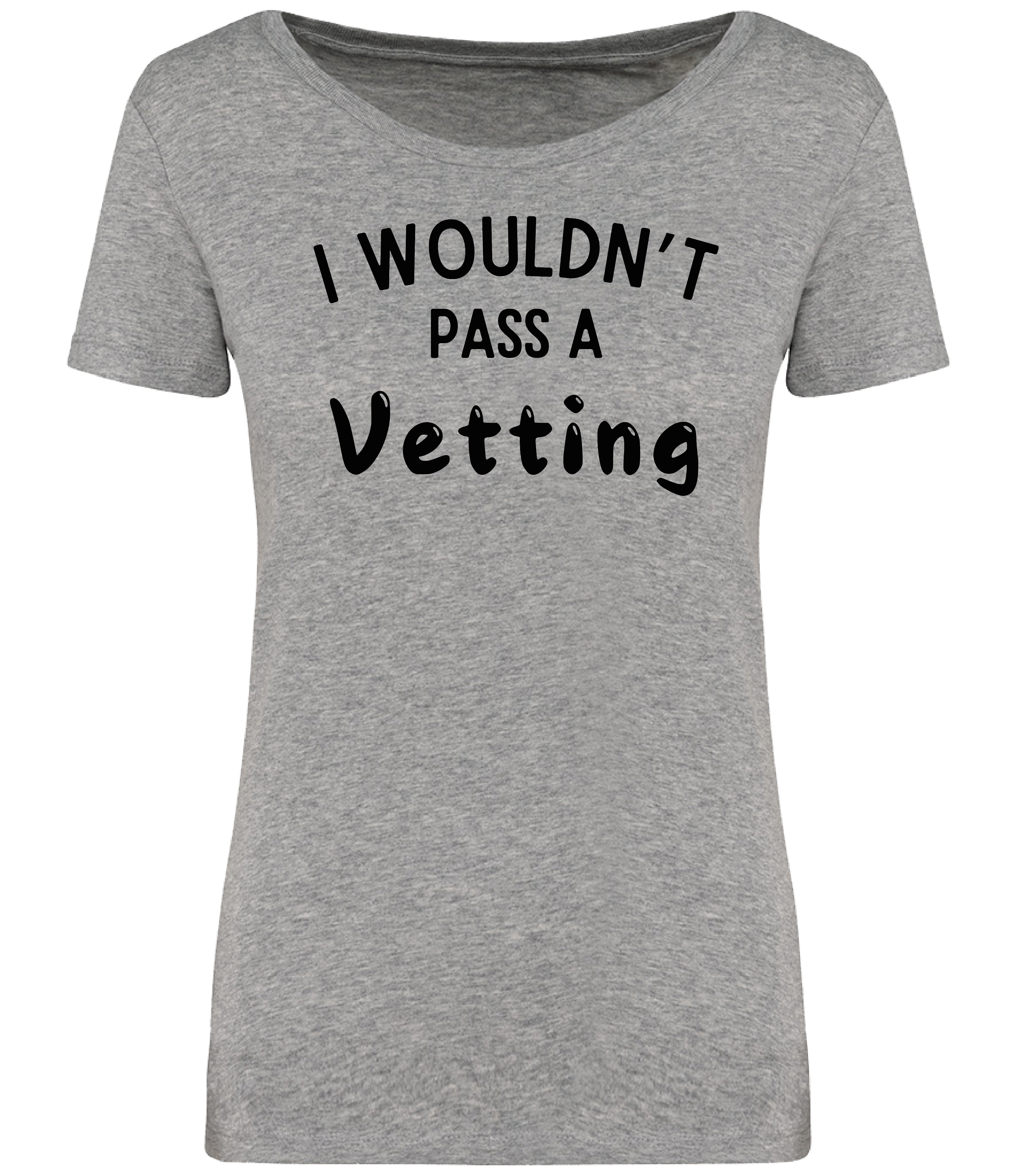 Grey ladies fit T-shirt with the text 'I WOULDN'T PASS A VETTING' printed in bold lettering on the front, displayed on a mannequin.