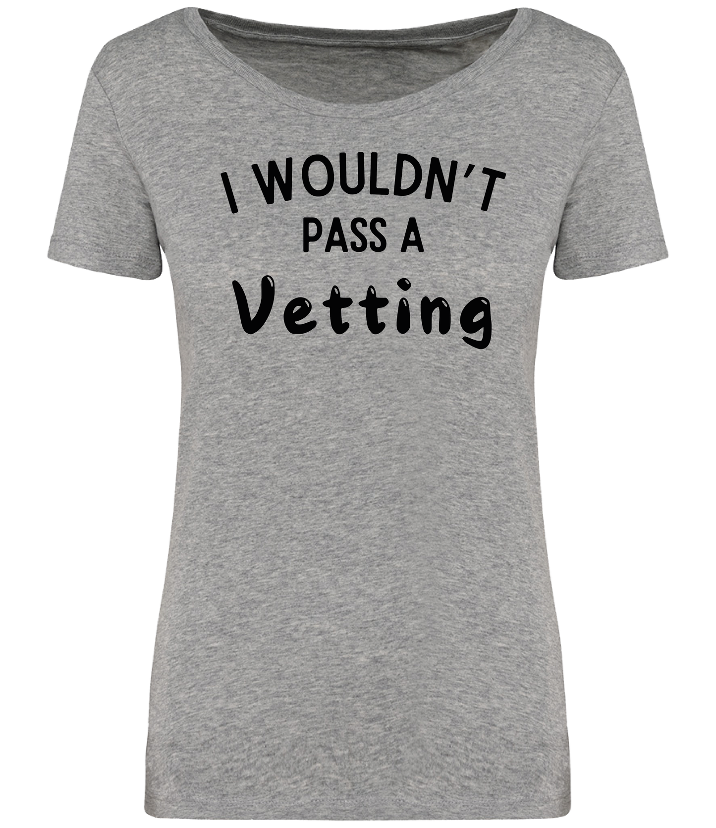 Grey ladies fit T-shirt with the text 'I WOULDN'T PASS A VETTING' printed in bold lettering on the front, displayed on a mannequin.