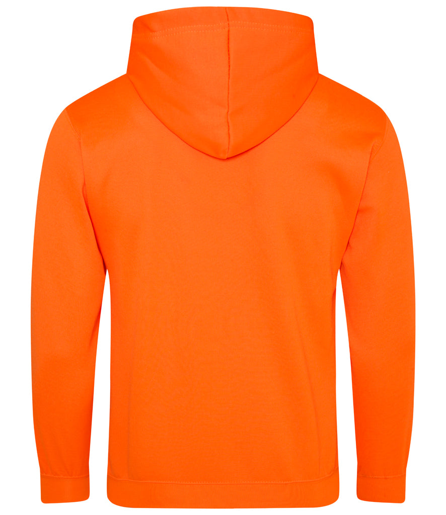 Bright orange hooded sweatshirt shown from the back, featuring a clean studio presentation on a white background.