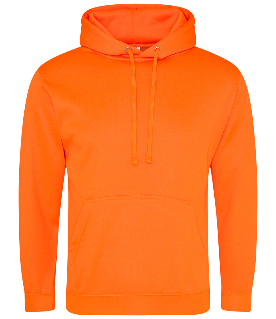 A bright neon orange pullover hoodie with matching drawstrings, displayed on a clean white background.