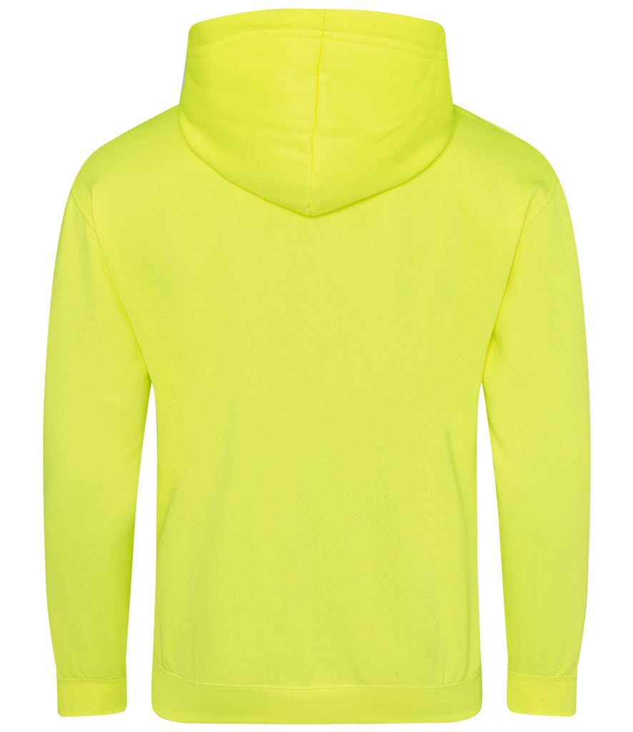 A bright neon yellow hooded sweatshirt shown from the back, featuring a high ribbed collar, long sleeves, and a front kangaroo pocket, set against a plain white background.