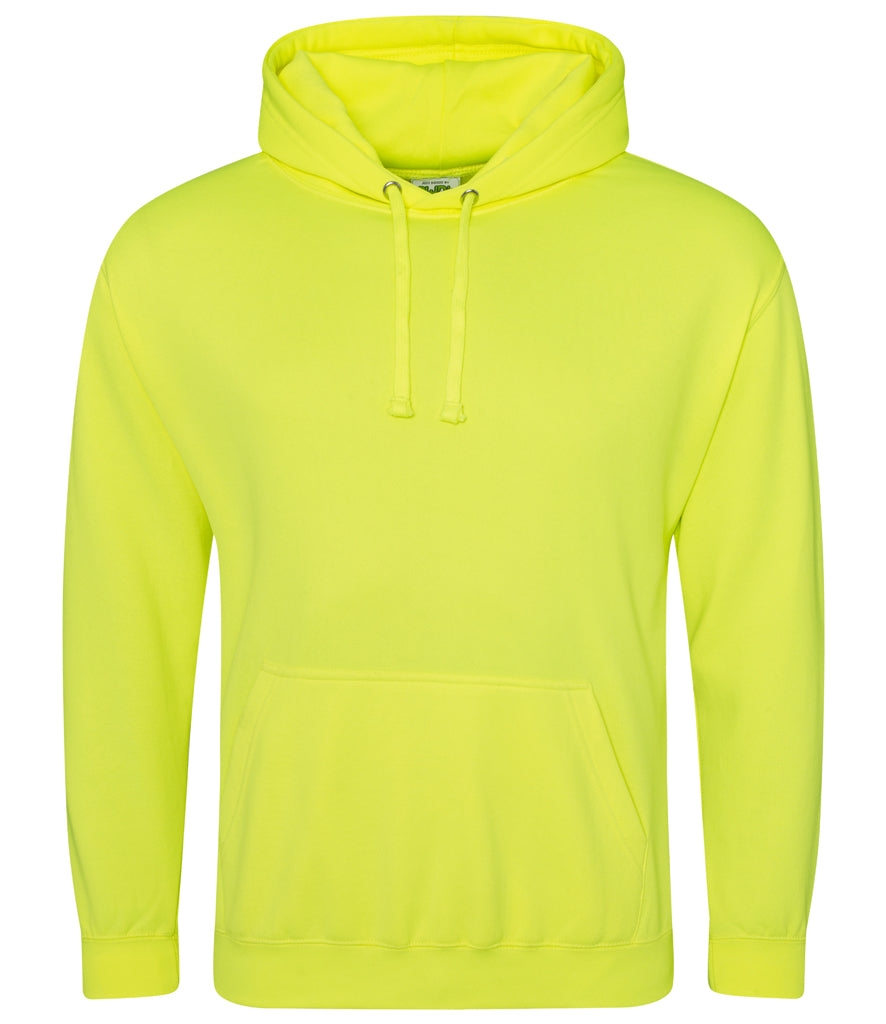 A neon yellow pullover hoodie with a drawstring hood and a front kangaroo pocket, shown against a plain white background.