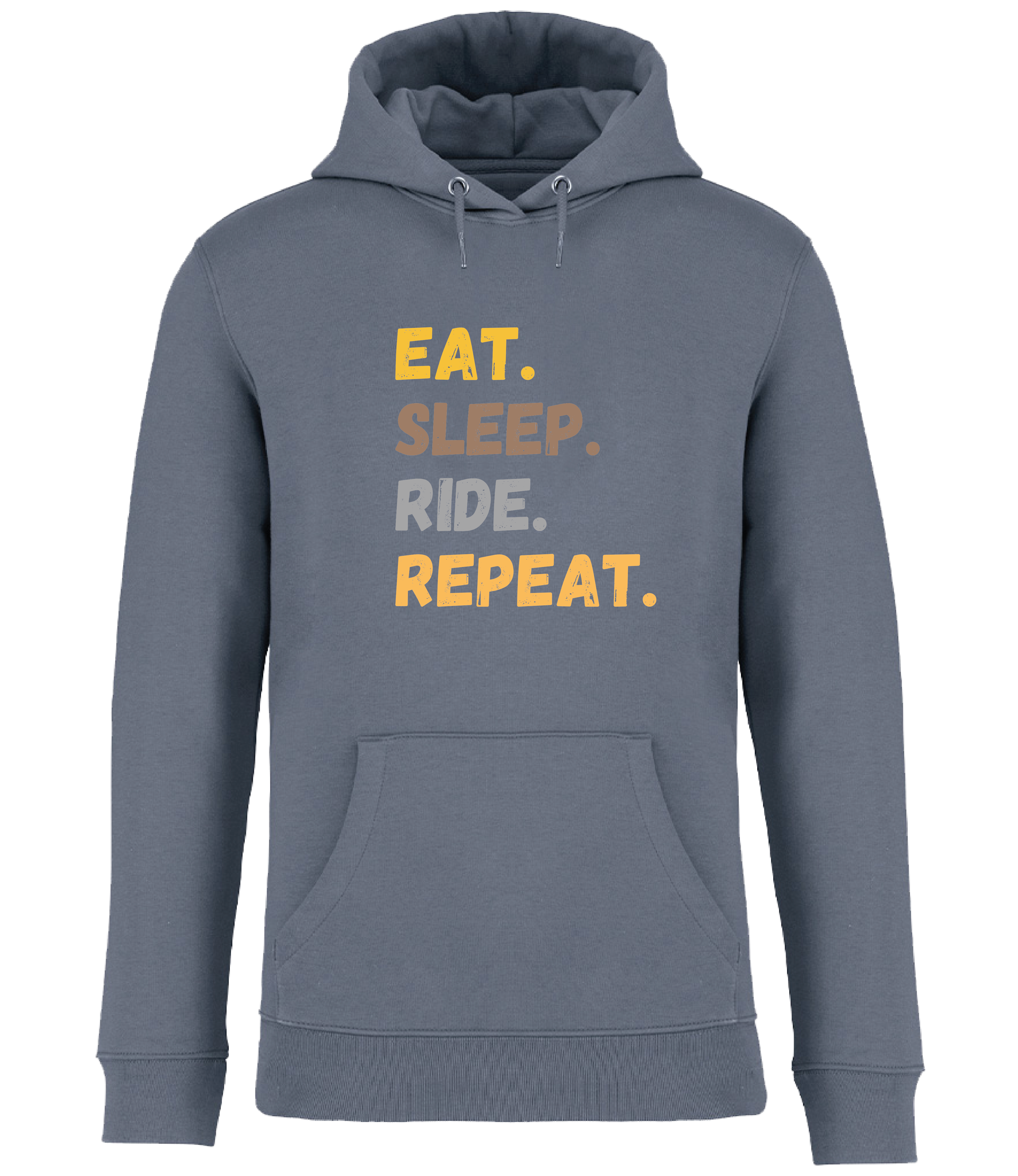 Mineral Grey hoodie with front pocket showing a printed design in vibrant colourful print saying Eat, Sleep, Ride, Repeat.