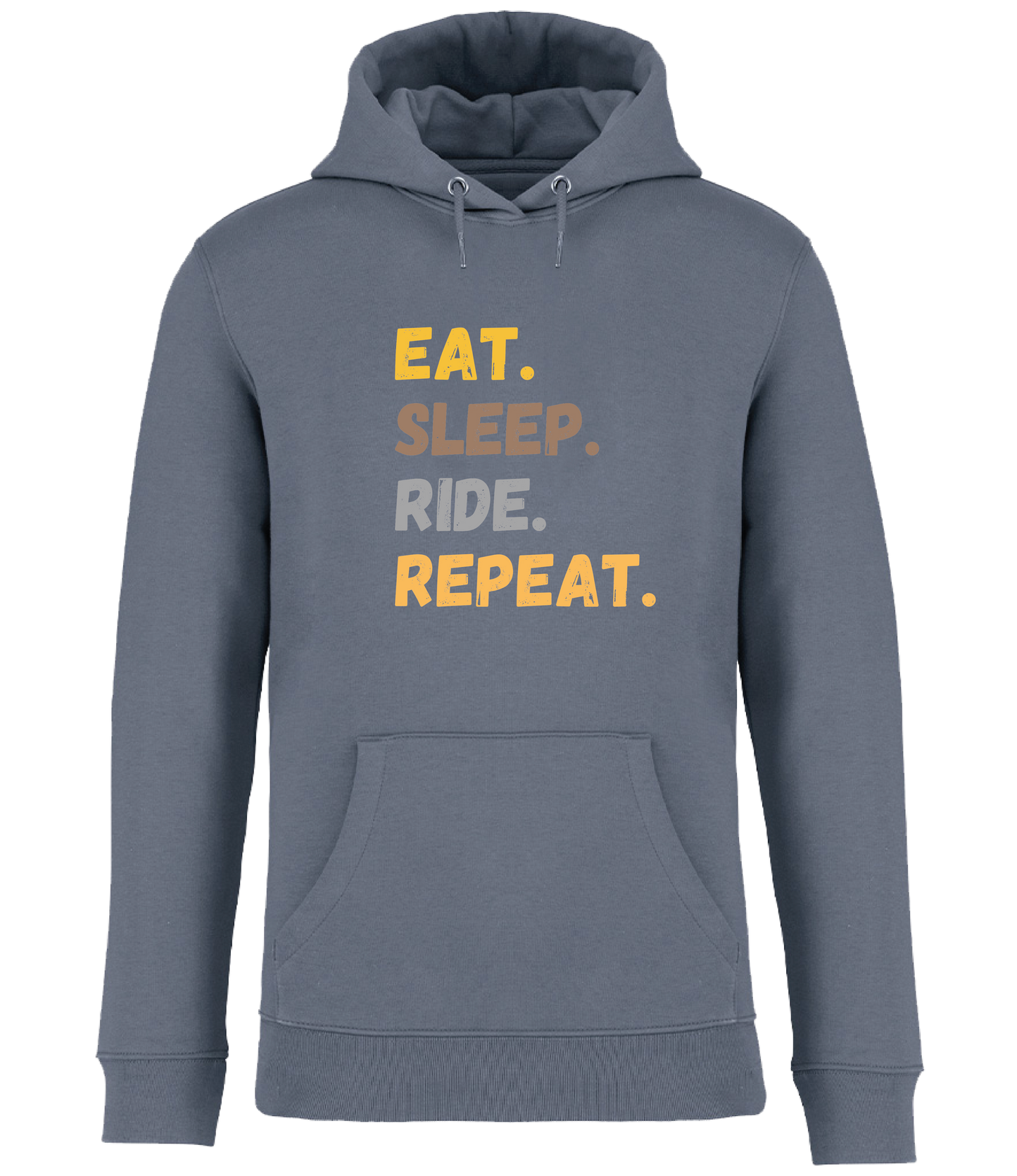 Mineral Grey hoodie with front pocket showing a printed design in vibrant colourful print saying Eat, Sleep, Ride, Repeat.