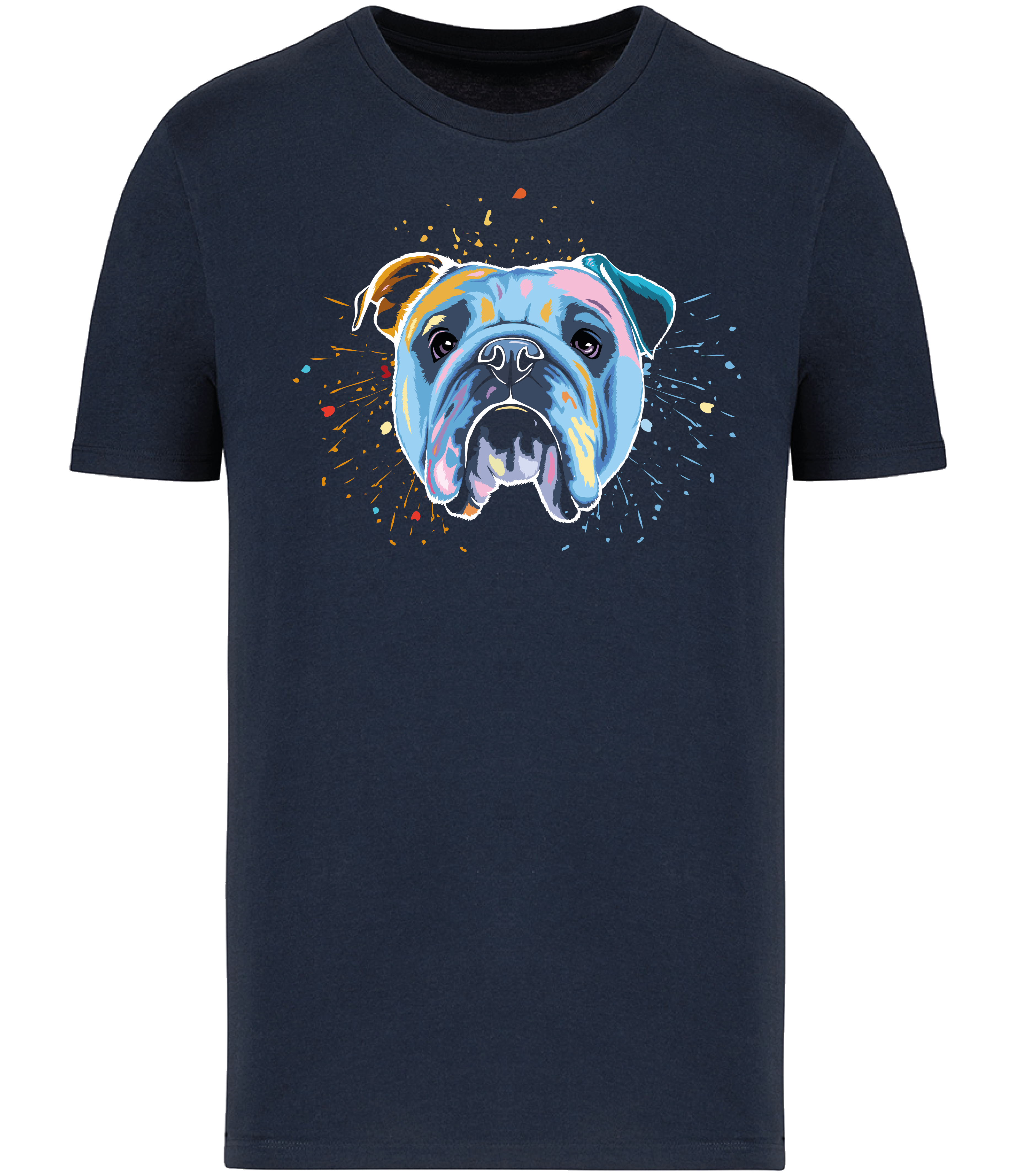 Colourful Bulldog dog face in bright colours, printed onto the front of a black t-shirt