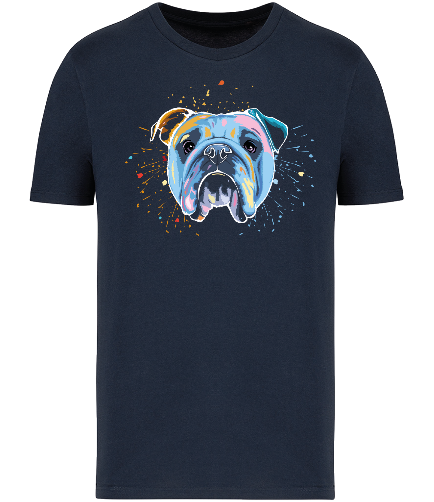 Colourful Bulldog dog face in bright colours, printed onto the front of a black t-shirt