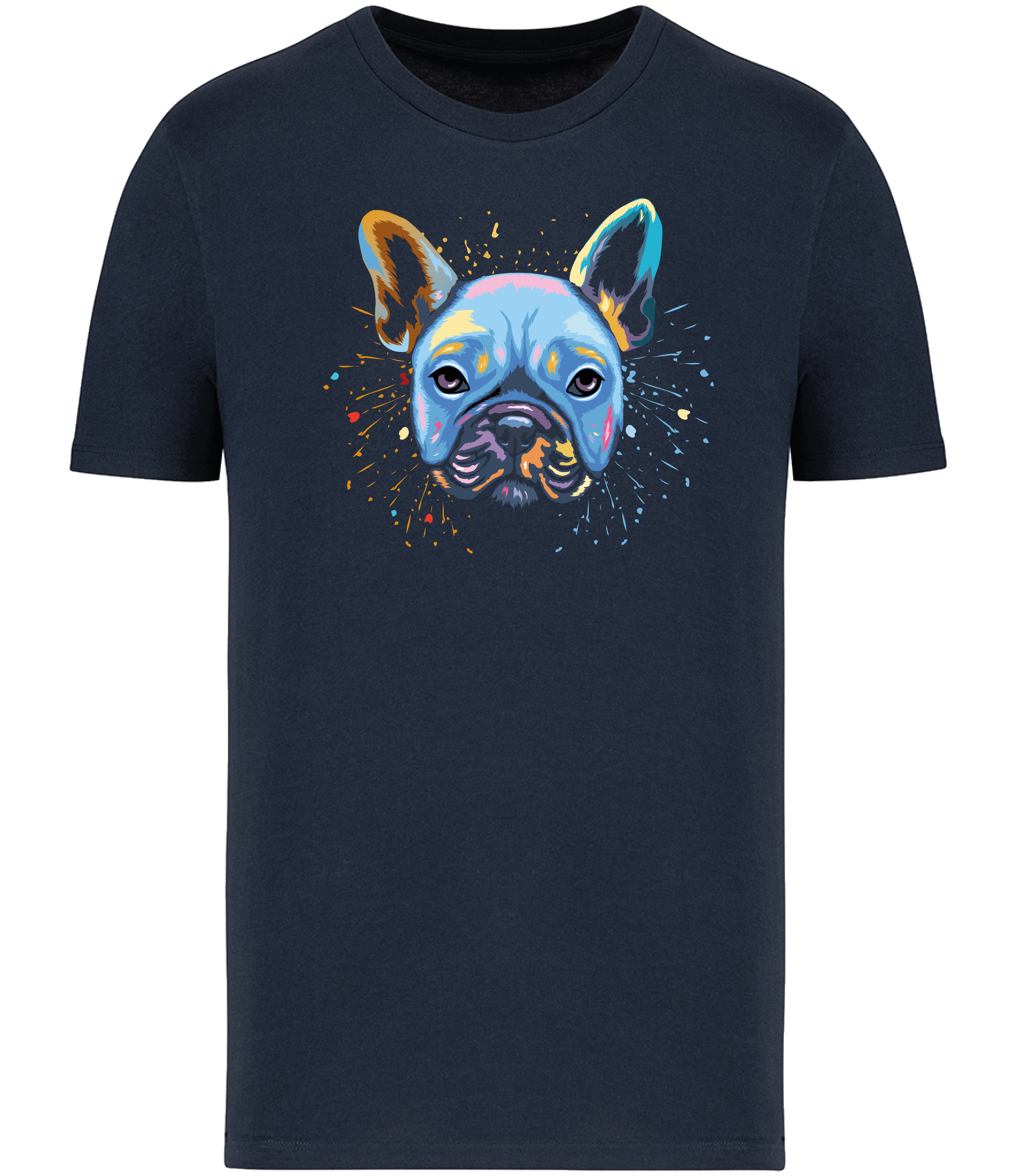 Navy t-shirt printed on the front with a colourful French Bulldog dog head