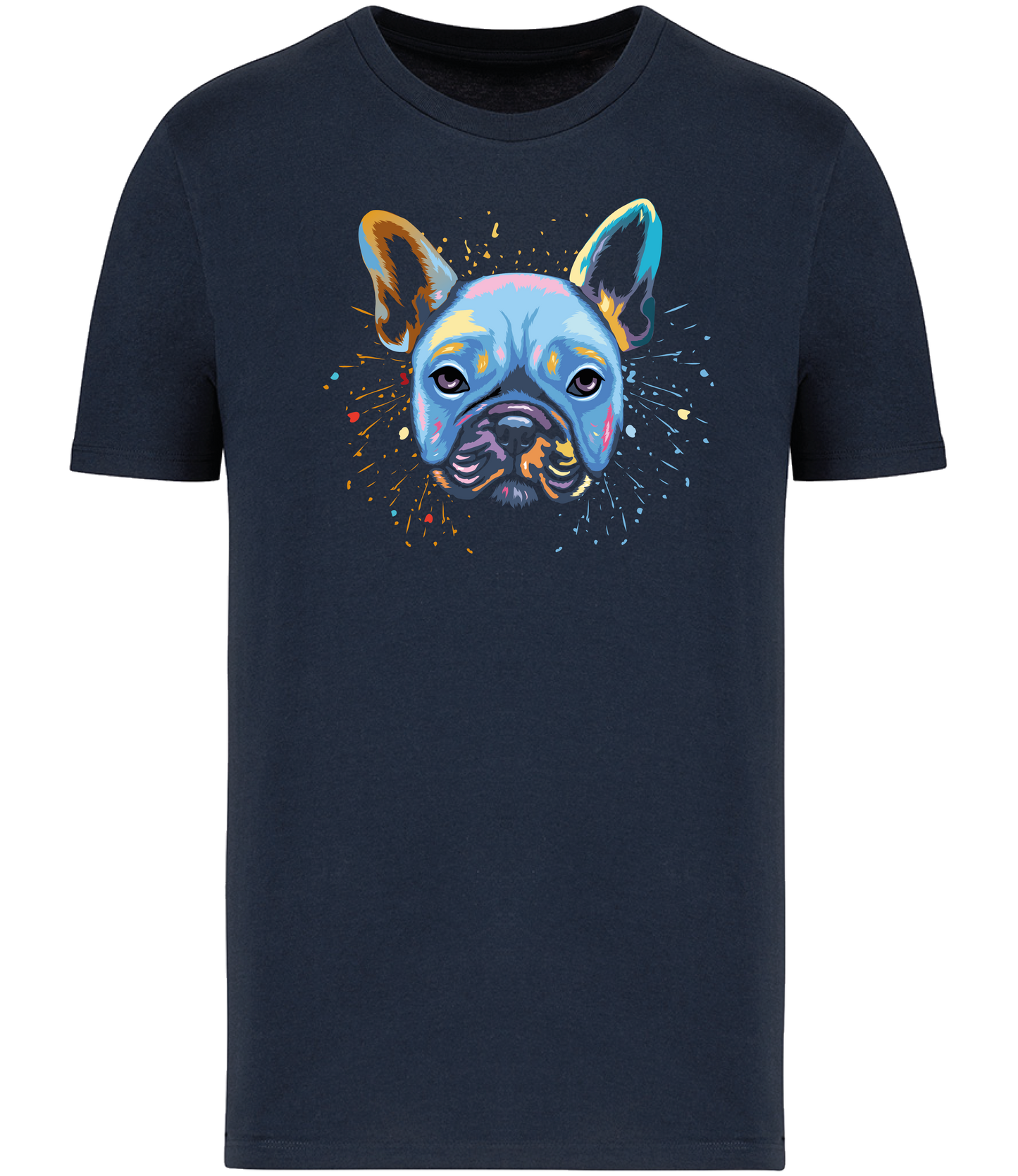 Navy t-shirt printed on the front with a colourful French Bulldog dog head