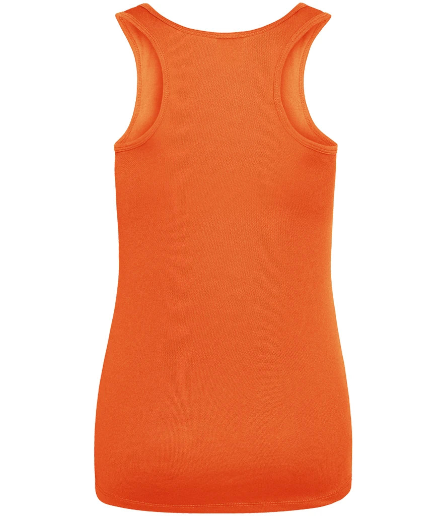 Bright orange sleeveless tank top shown from the back on a plain white background.