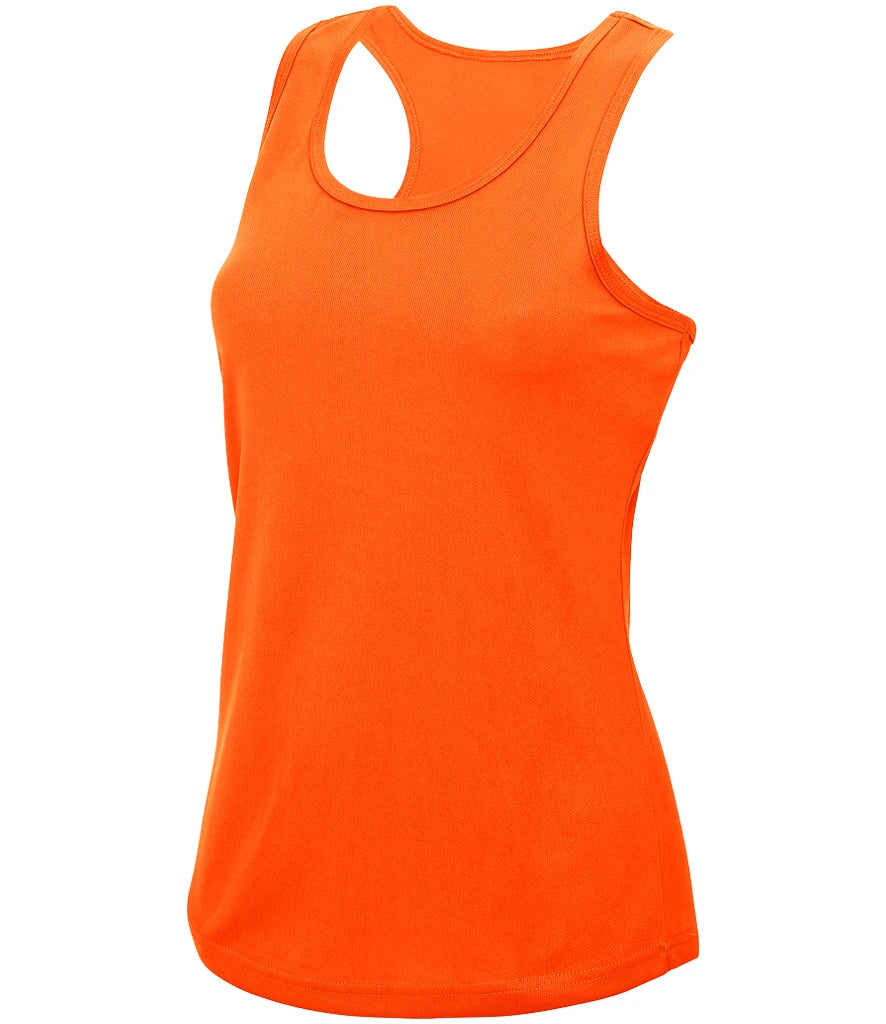 A bright neon orange racerback tank top with a curved hem, displayed on a clean white background.