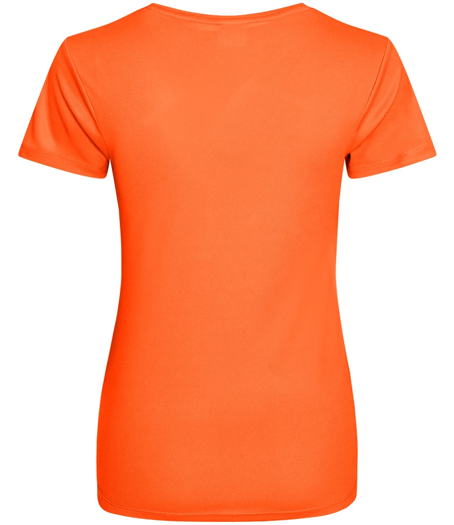 A bright neon orange short-sleeve crewneck t-shirt shown from the back, displayed on a clean white background.