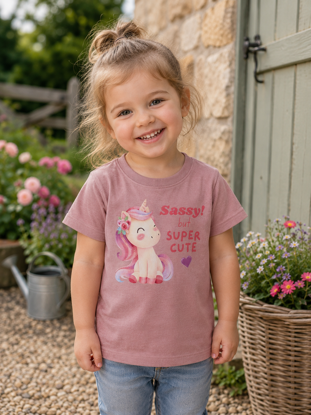 A young girl with blonde hair in a bun stands smiling in a garden setting, wearing a dusty rose pink t-shirt with a cartoon unicorn graphic and the text 'Sassy! but SUPER CUTE'.