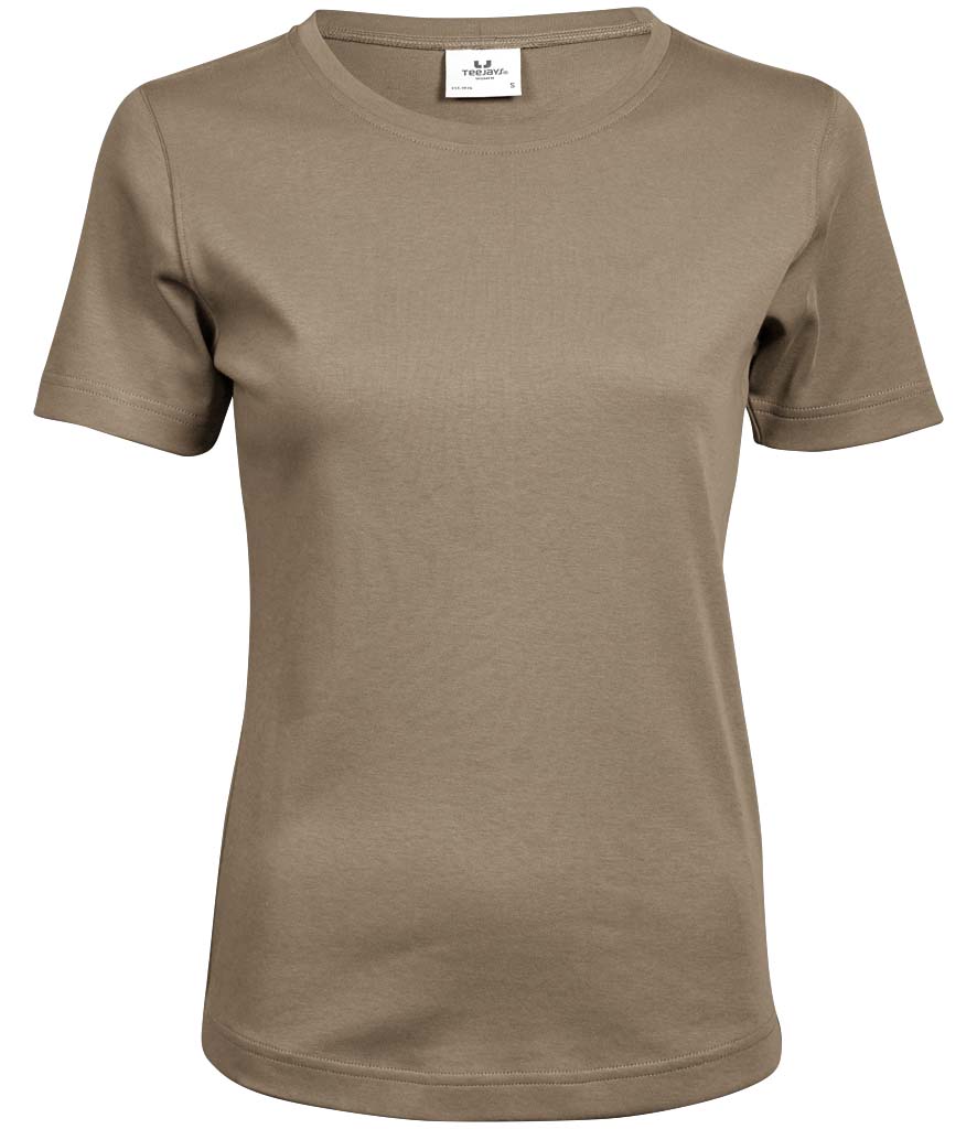 A short-sleeve crewneck t-shirt in a solid taupe-brown color, displayed on a clean white background.