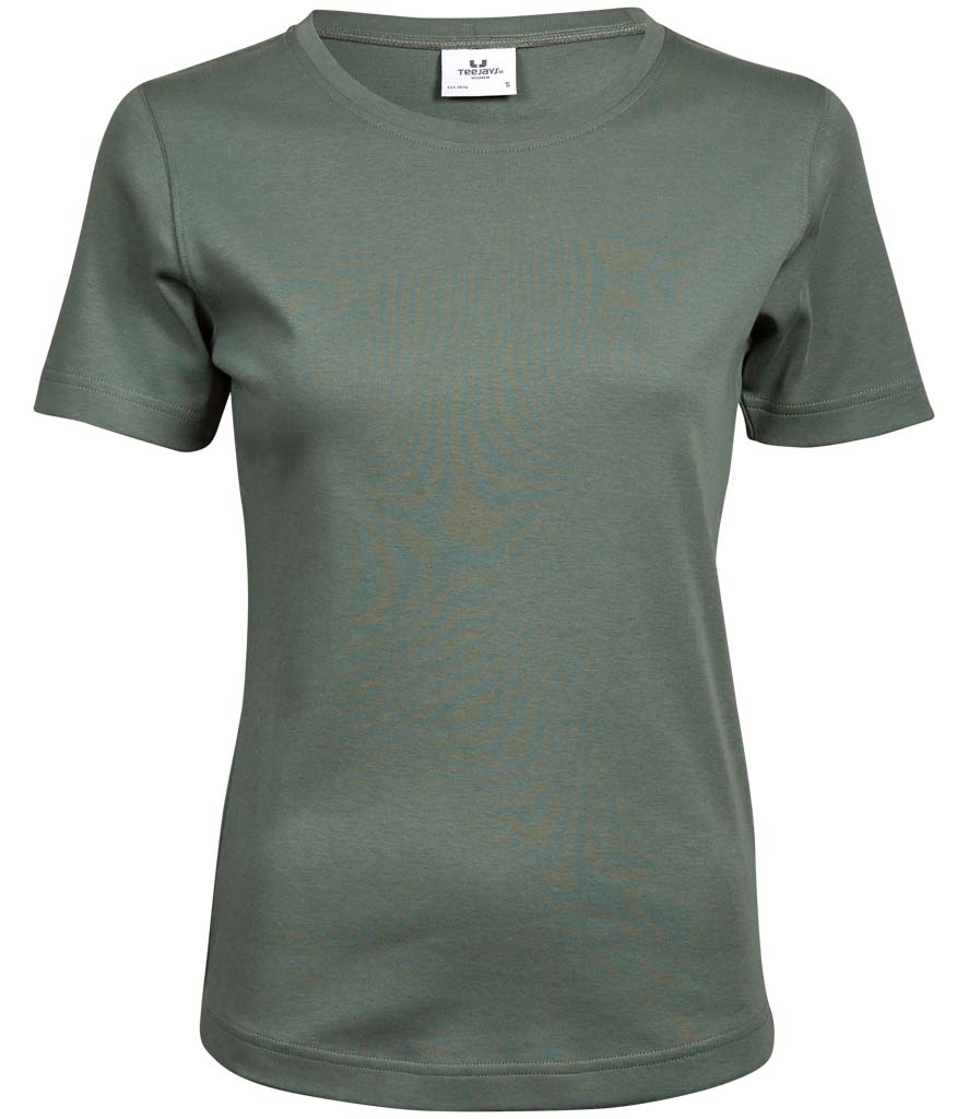 A women's short-sleeve crewneck t-shirt in a muted sage green color, displayed on a clean white background.
