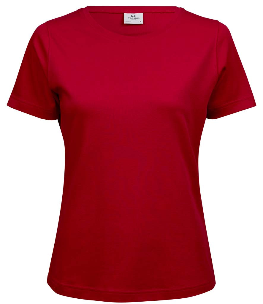 A women's short-sleeve crewneck t-shirt in solid red, shown against a plain white background.
