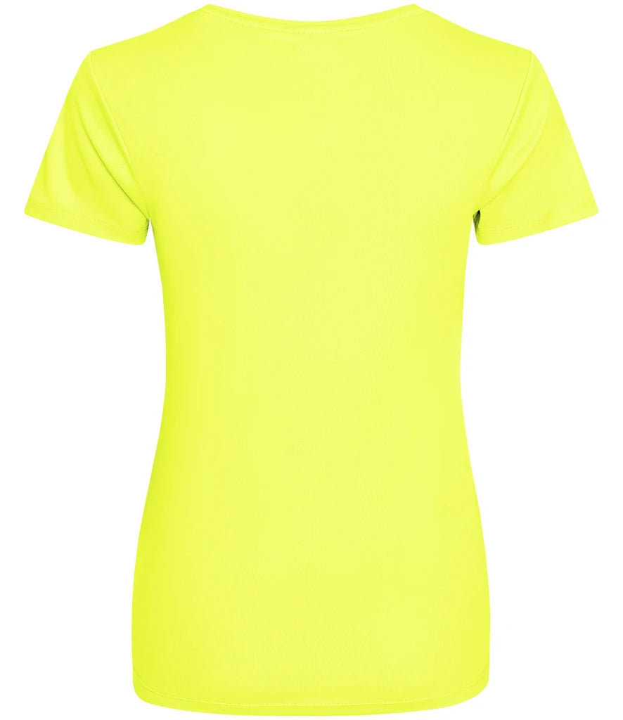 A women's short-sleeve crewneck t-shirt in a vibrant neon yellow color, shown against a plain white background.