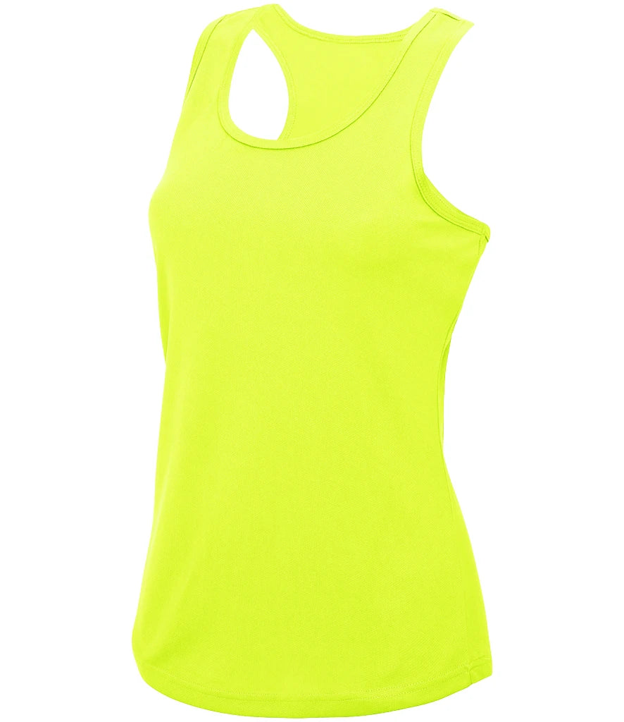 A women's racerback tank top in a bright neon yellow-green color, shown against a plain white background.