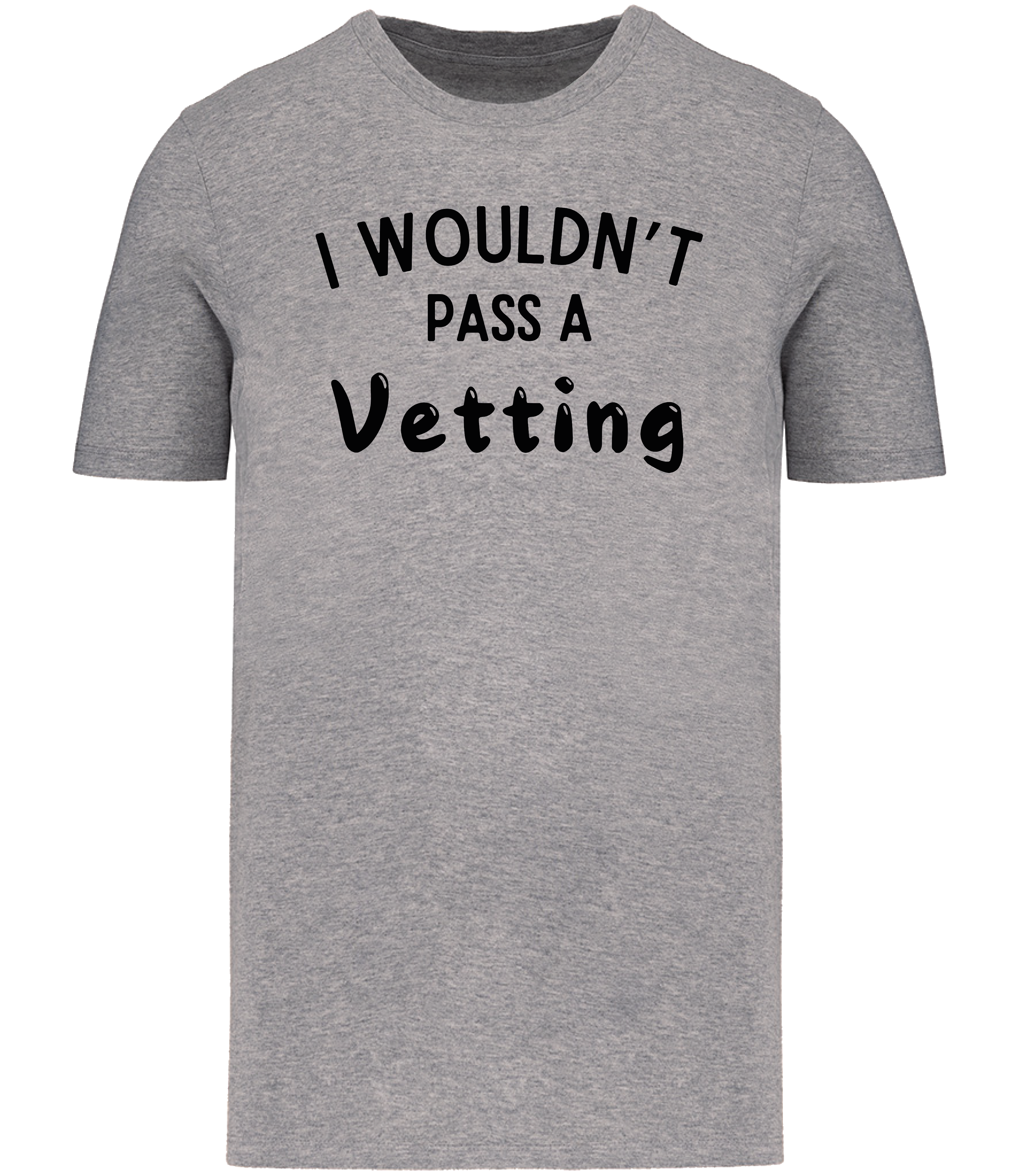 A grey unisex T-shirt with the text 'I WOULDN'T PASS A VETTING' printed in bold lettering on the front.